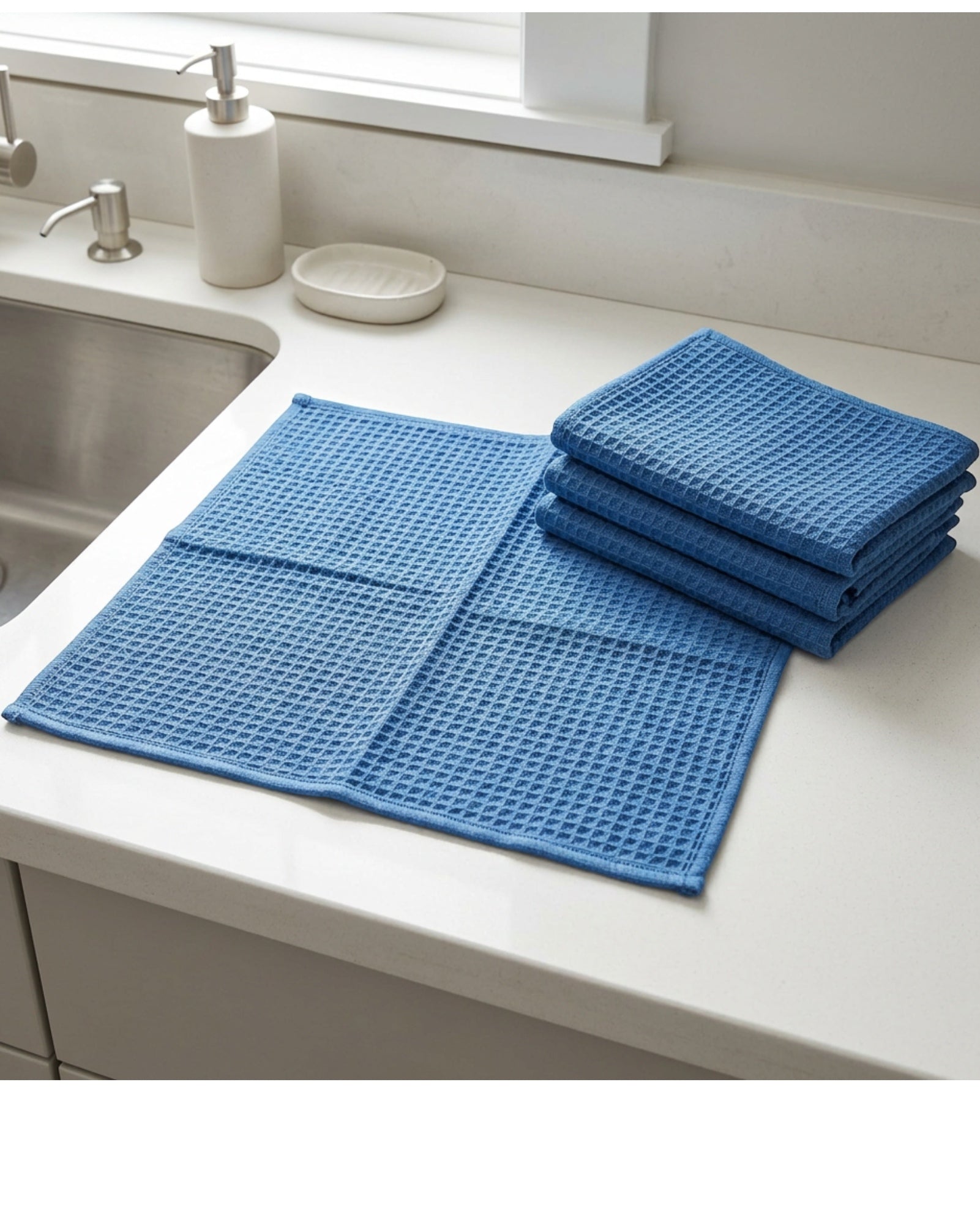Xvzo Waffle Dish Cloths 28 x 28 cm Blue 4 Pack - Lifestyle view